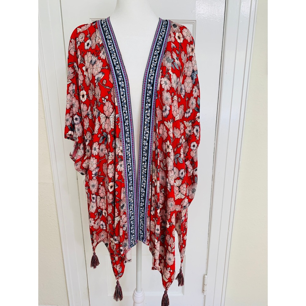 Red Floral Boho Kimono XS/S Open Front Short Duster Cardigan Knox Rose Hippie